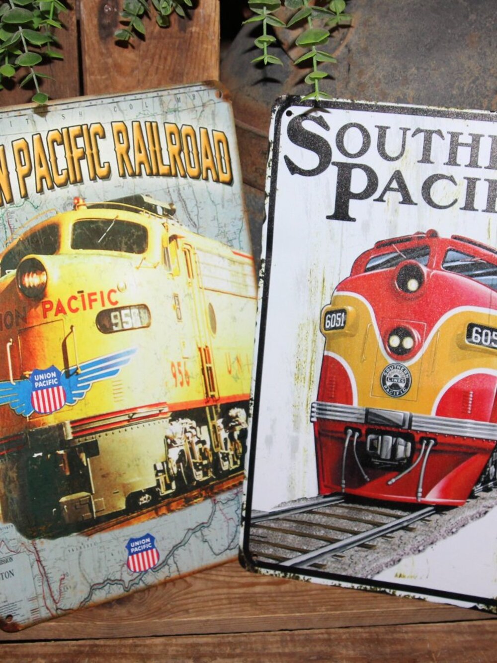 Pair of Colorful Union Pacific & Southern Pacific Metal Train Wall Decor Signs